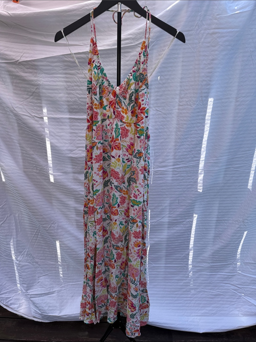 Floral Smocked Halter Maxi Dress in Cream with Pink & Green